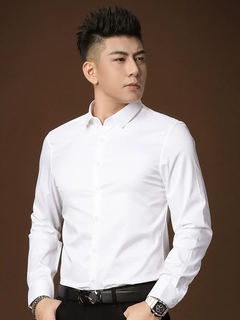 European Style Solid Color Long-Sleeve Shirt, Trendy Men's Fashion Top, Slim-Fit Base Shirt, Casual High-End Shirt