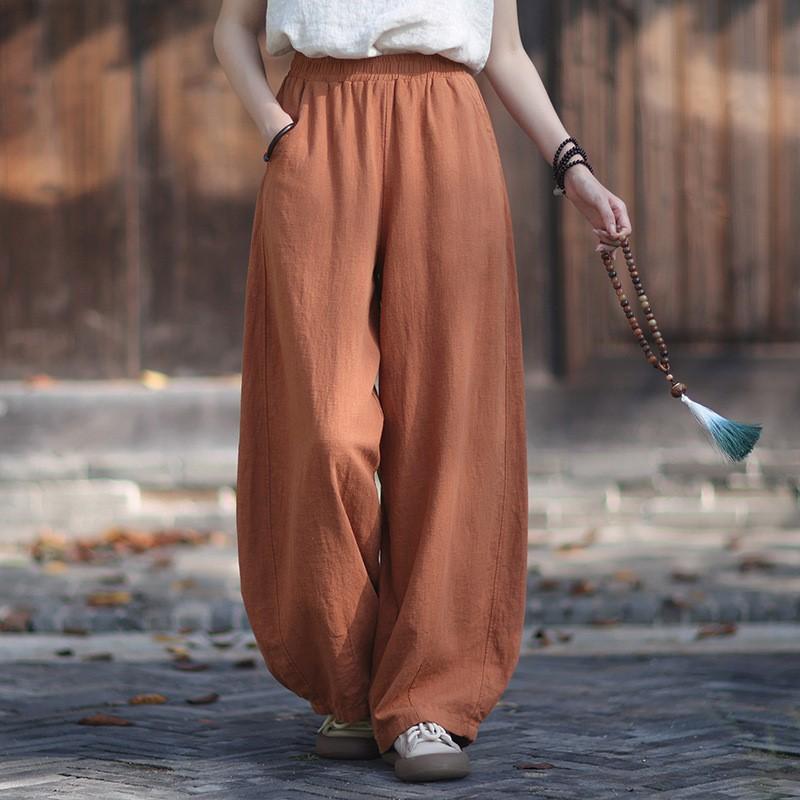 Johnature Women Vintage Bloomers Pants Solid Color Elastic Waist Trousers Autumn Pockets Soft Loose Pants
