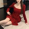 Women Dress Square Neck Pleated A-line Long Sleeves Pleated Slim Waist Velvet Mini Dress Prom Banquet Party Short Dress Fall Spring Princess Dress