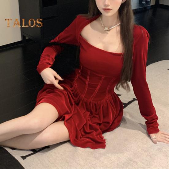 Damenkleid, quadratischer Ausschnitt, plissiert, A-Linie, lange Ärmel, plissiert, schmale Taille, Samt, Minikleid, Abschlussball, Bankett, Party, kurzes Kleid, Herbst, Frühling, Prinzessinnenkleid