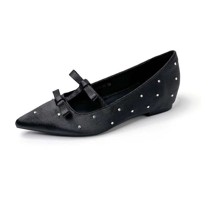 Ou Ruofeng inner height-increasing shoes women's 2025 spring new black bow temperament socialite pointed rhinestone flat shoes
