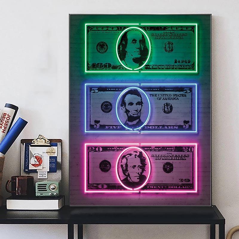 Neon Money Canvas Art Paintings Money Art Dollar Sign Print Poster Pop Street Decorative Pictures Home Office Murals Unframed