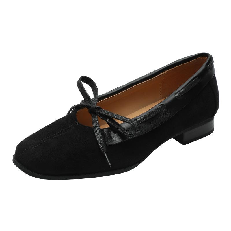 Retro suede British style flat Mary Jane women's shoes bow ballet shoes one pedal shallow mouth square head single shoes