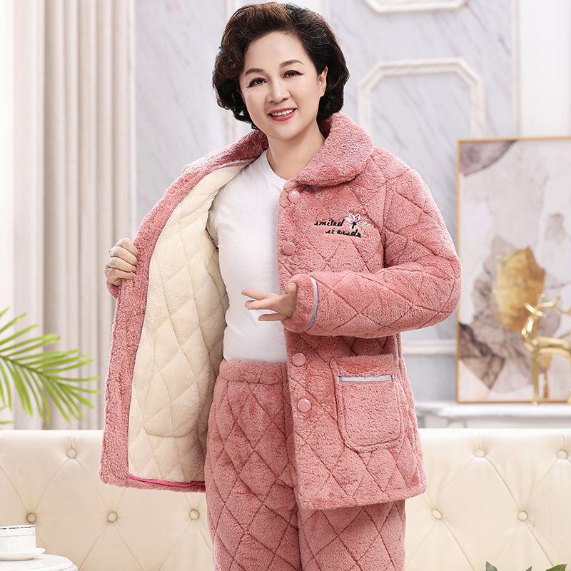Women's Super Thick Three-Layer Velvet Pajamas - Winter Coral Fleece Quilted Homewear for Adults