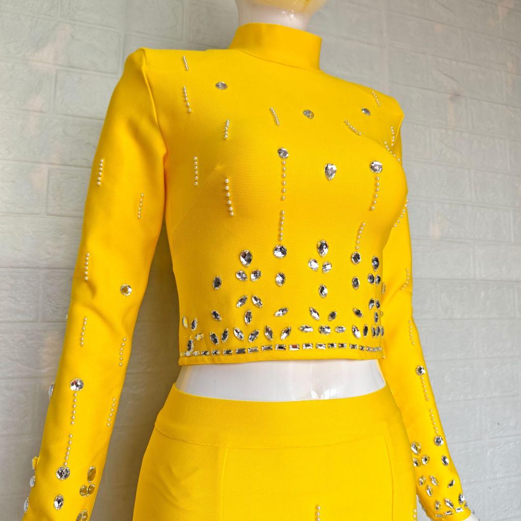 Chic French Socialite Rhinestone Bandage Top & Hip-Hugging Midi Mini Skirt Set