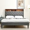 Upholstered Bed Double Bed Storage Headboard Bed with LED Lighting Bed Frame Slatted Frame made of Wood,140*200CM Grey (With Mattress)