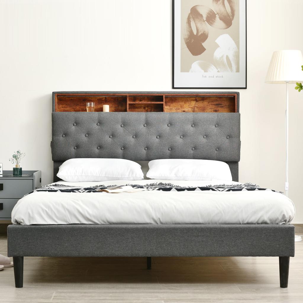 Upholstered Bed Double Bed Storage Headboard Bed with LED Lighting Bed Frame Slatted Frame made of Wood,140*200CM Grey (With Mattress)