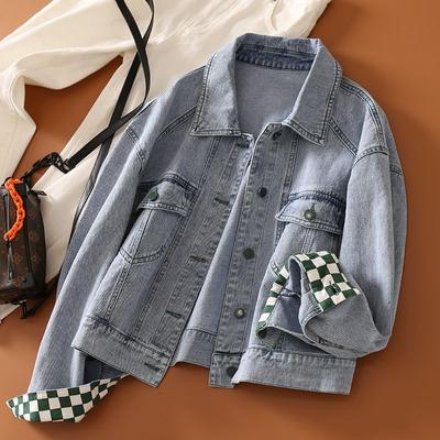 Damen Frühlings- und Herbst-Denimjacke ist vielseitig und trendig und modisch Patchwork-Karojacke Top