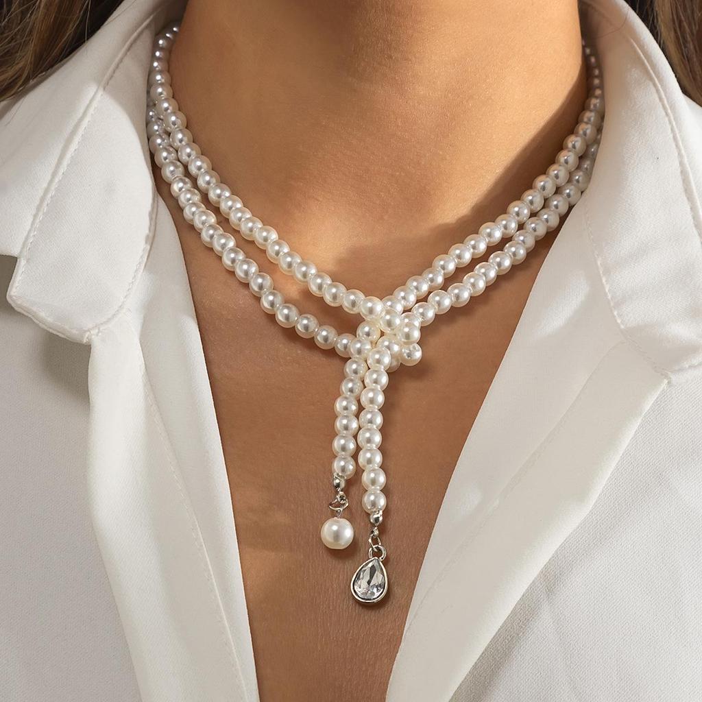 Layered Heart Diamond Necklace with Beads and Imitation Pearls - Women's European Multi-Layer Jewelry