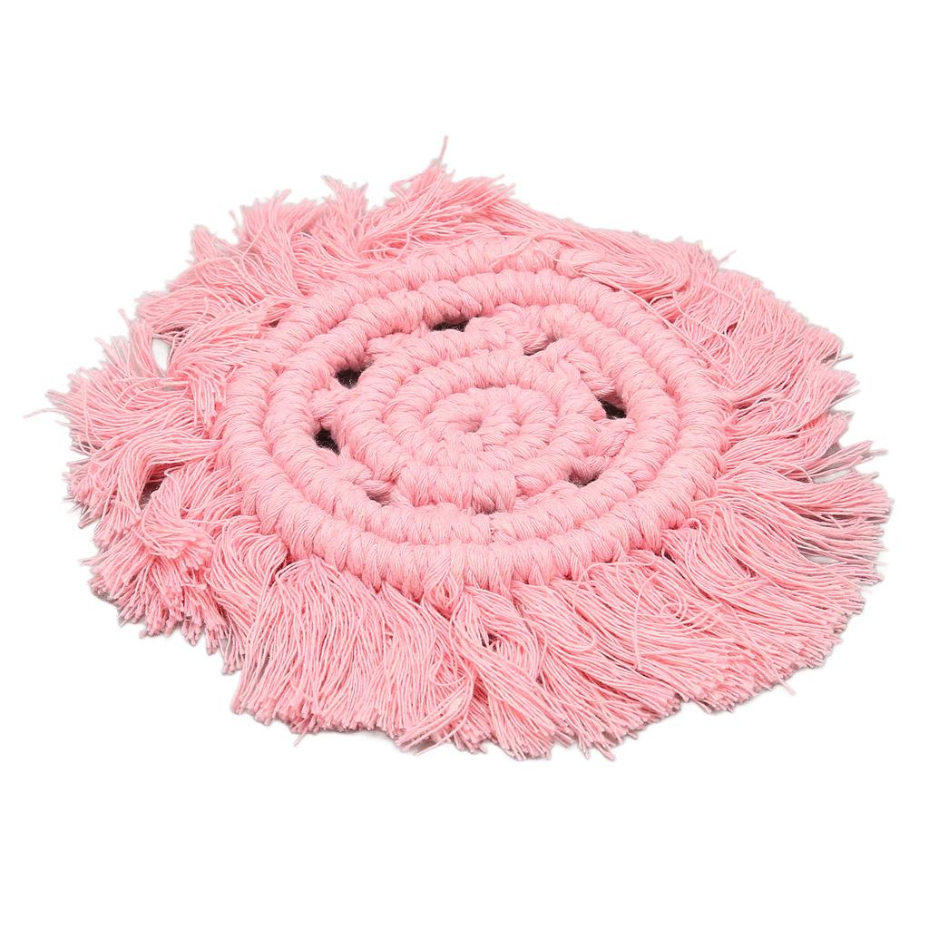 4pcs Cotton Thread Woven Drink Coasters with Tassel Round Pure Color Elegant Lipstick Pot Pads Mats