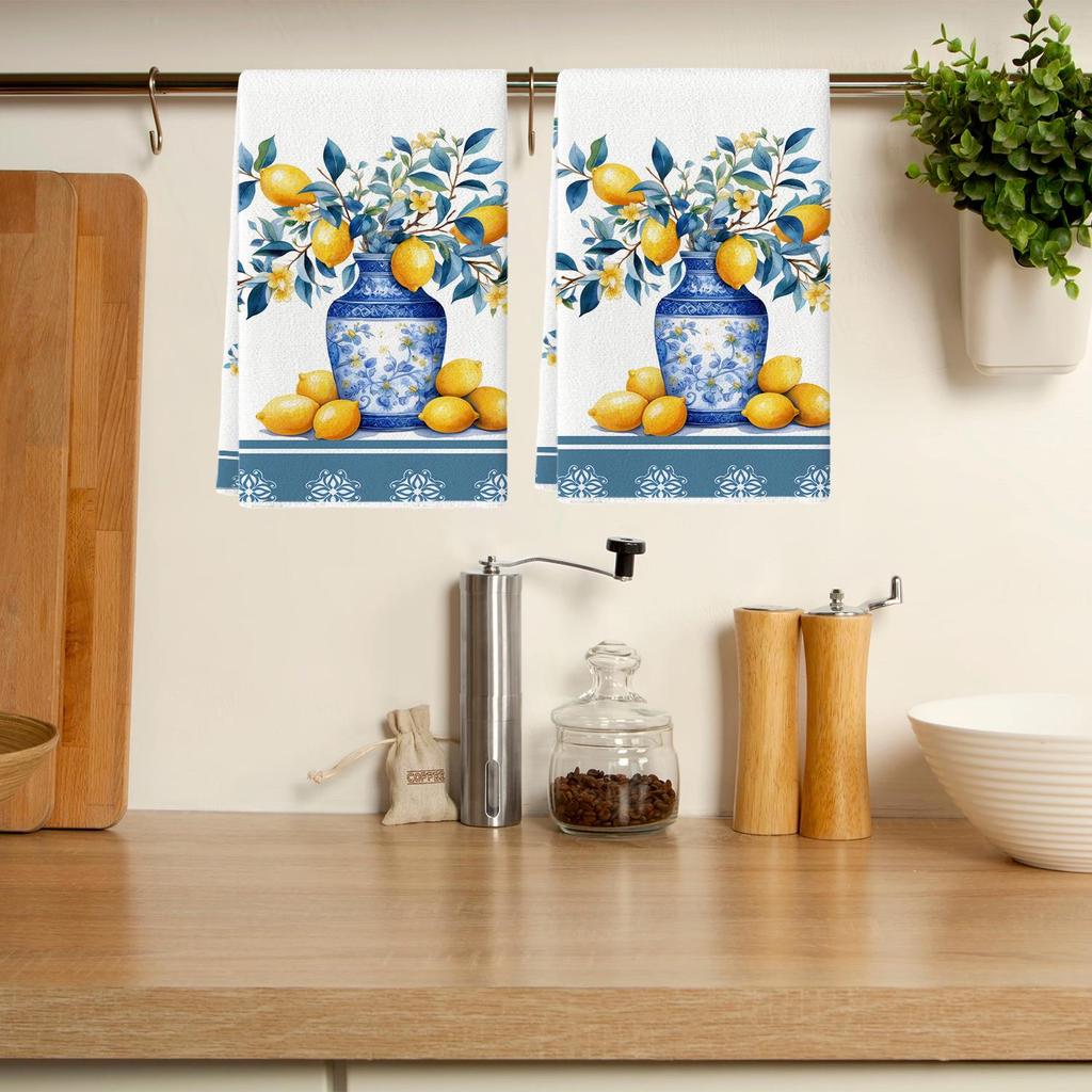 Strofinaccio da Cucina Limone Blu - Girasole ad Acquerello e Strofinaccio per Piatti in Porcellana Blu per Arredo Casa e Bagno