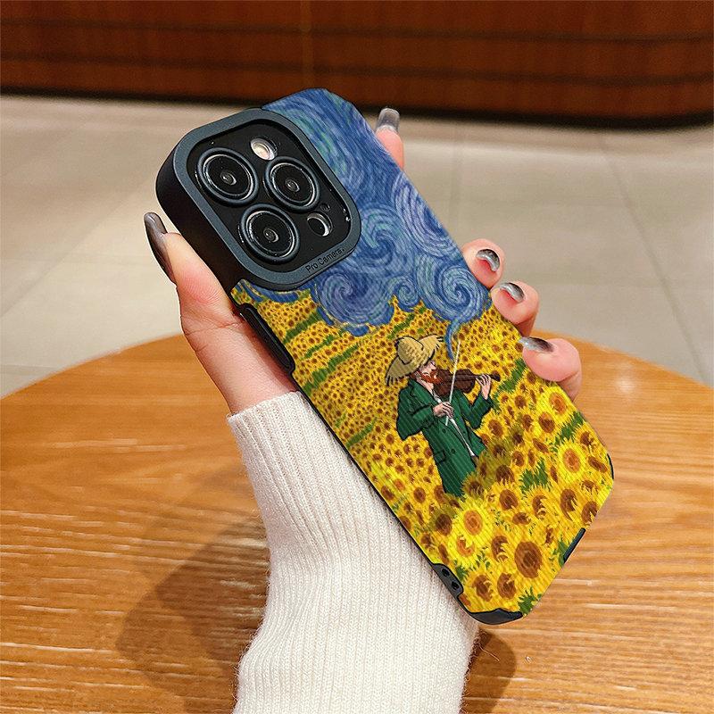 Vertical Leather Shell Sunflowers Painting Printed Patterned Shockproof Soft Silicone Case with Camera Lens Full Protection for IPhone Samsung