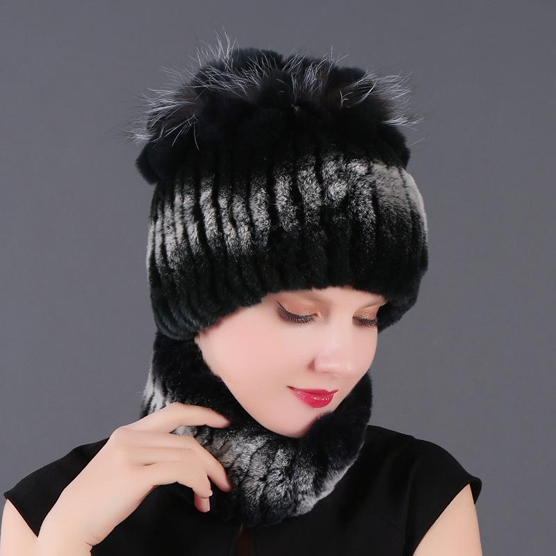 Women's New Rex Rabbit Short Dye Plus Black Fox Hair Hat Scarf Two-piece Set, Winter Warm Woven Fur Hat
