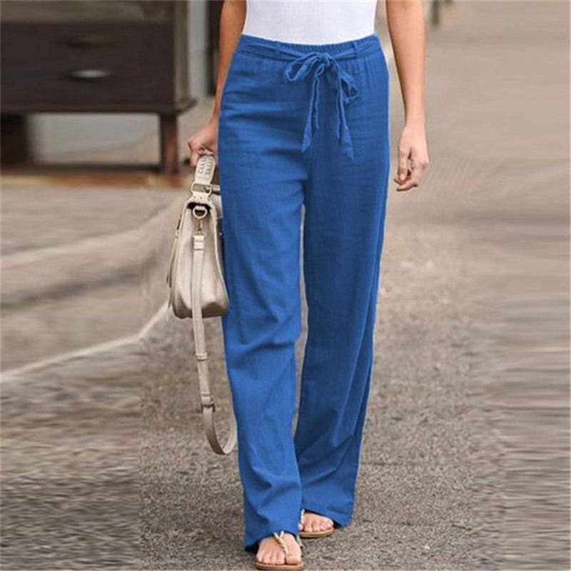 New Style Women's Trousers, Summer European And American Elastic Waist, Solid Color Cotton And Linen Belt, Wide-leg Pants, Loose Casual Pants