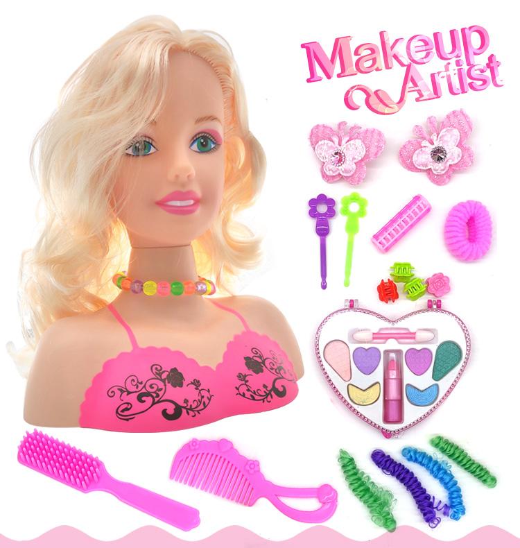 Schmink-Rollenspielset für Mädchen, 17-teilig Frisierkopf-Puppe Schminken mit Fön
