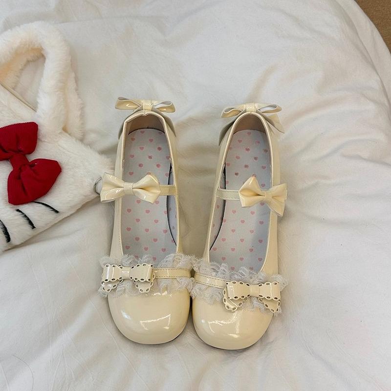 Fashion Plus Size Women's Shoes Round Toe Shallow Mouth Bow Mary Jane Small Leather Lace Fashion Square Heel Single Shoes