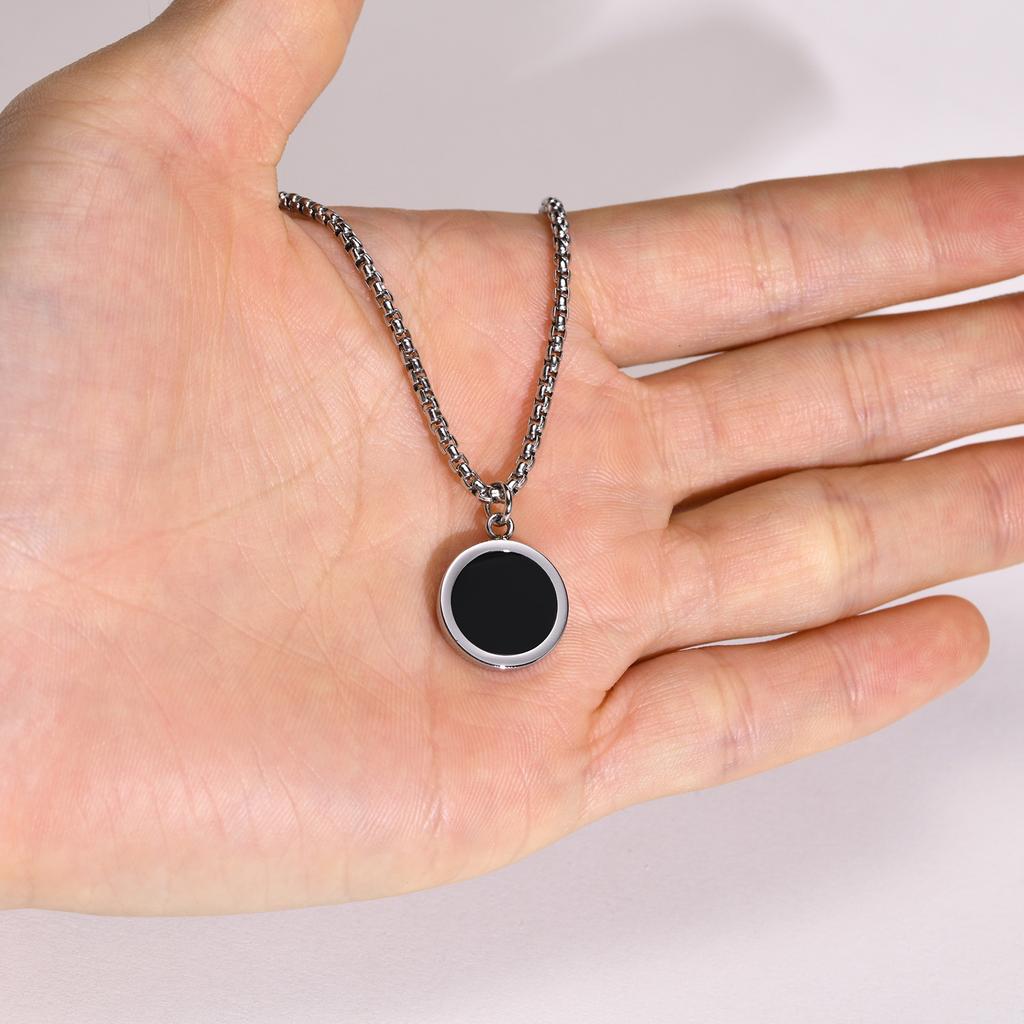 Men Necklace, Oval Round Pendant, Stainless Steel Minimalist Black Pendants.French Style Vintage Men Jewelry