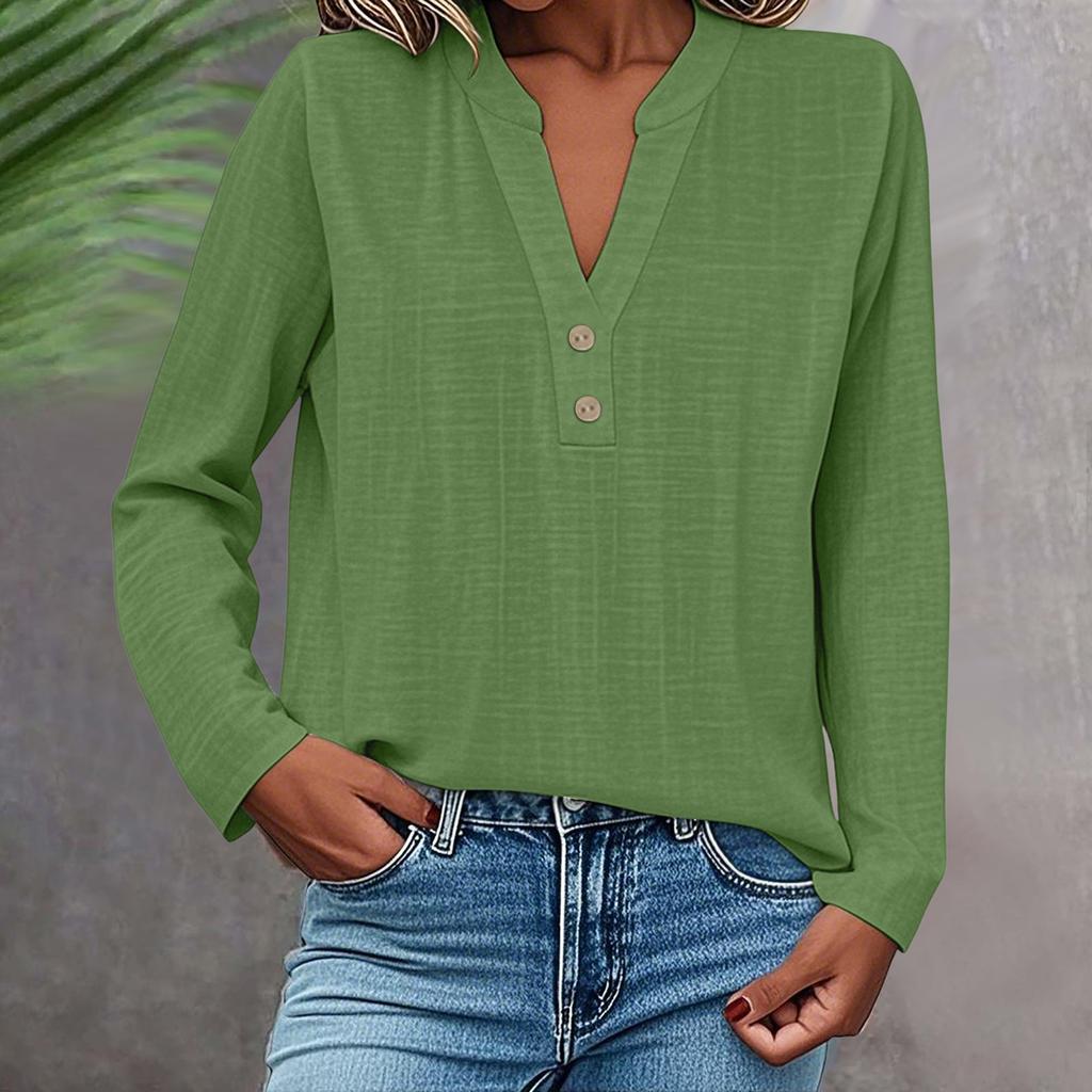 Long Sleeve Linen Tops For Women Loose Fit V Neck Button Down Shirts Cute Solid Summer Beach Tee Shirts