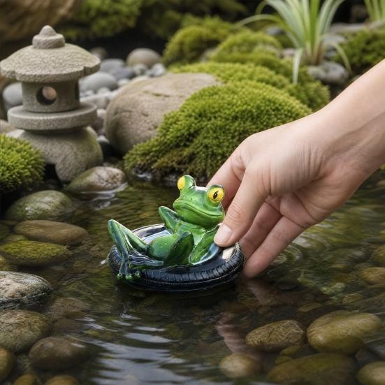 Resin Floating Frog Figurine with Tire Swim Ring Lazy Frog Statue Weather-Resistant Pond