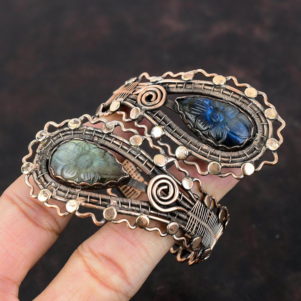 Carved Labradorite Bangle Copper Wire Wrapped Cuff Bracelet Adjustable Bangle Gemstone Cuff Bracelet Copper Handmade Jewelry Gift For Mother