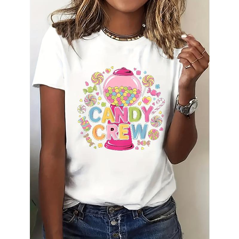 

Sweet and Dreamy Casual Women s Short-sleeve T-shirt - Candy Crew Print, Comfortable and Breathable, Perfect Fit, Simple Round Neck Design S белый