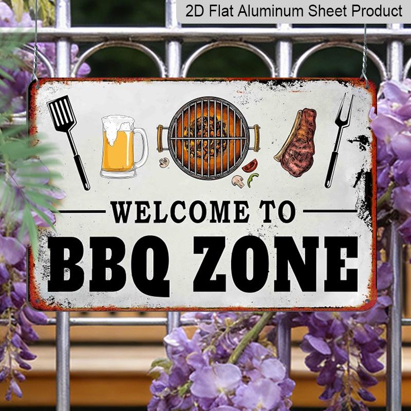 2D Flaches Vintage Grillplatz Aluminium Metallschild - Vintage Kunst mit Grillmeister-Illustration, Perfekt für Innen- und Außendekoration, Rustikale Wand