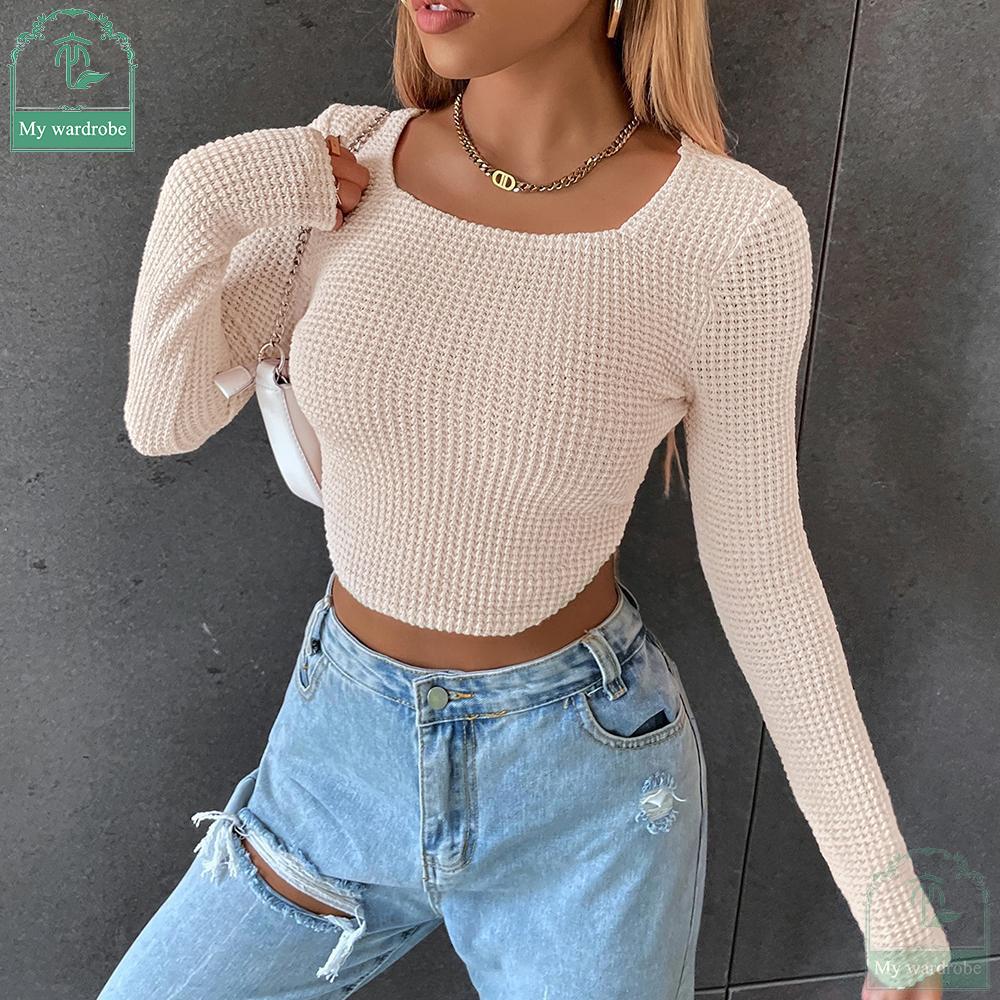 My Garderobe Authorization Damen Langarm-Strick-Crop-Top, quadratischer Ausschnitt, tailliert, asymmetrischer Saum, kurze T-Shirts