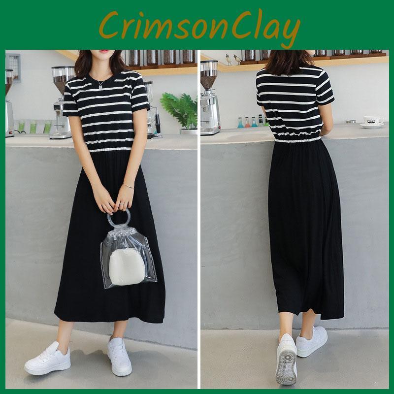 Versatile Women Summer Dress Casual Stripe Tank Short Sleeve Long Dress For Effortless Outdoor Fashion