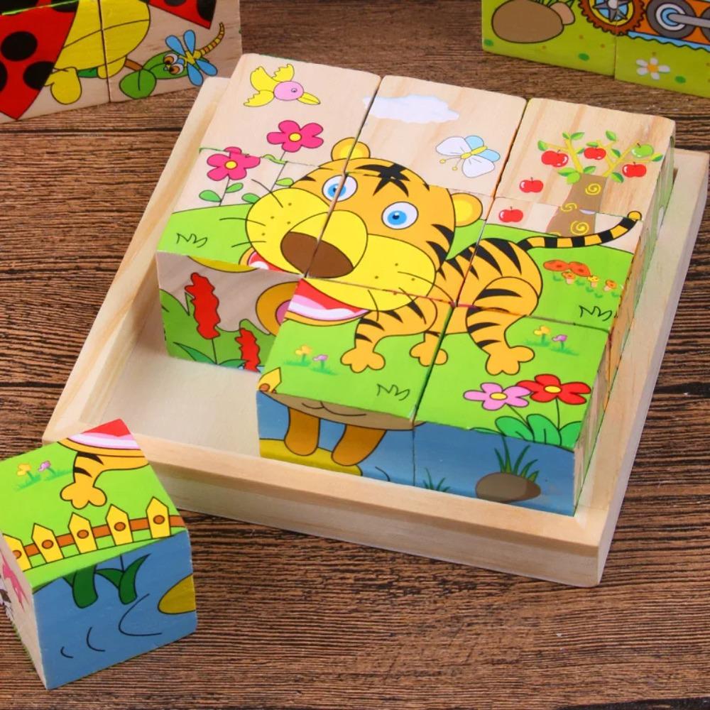 Wooden Blocks Toys Six Side Cube Jigsaw Puzzles Game Animal Fruit Traffic Cognize Early Learning Educational Toys