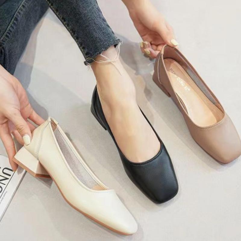 Fashion Ladies Summer Footwear Square Toe Shoes for Women 2025 with Medium Heels White Office Social Elegant Classy Fashion A Spring