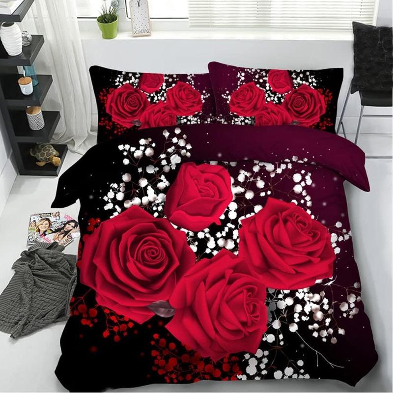 3D Oil Red Rose Bedding Sets 100% Cotton King Queen Size Red Rose Duvet Cover Sets,Queen/Full Size with 2 Pillowcases