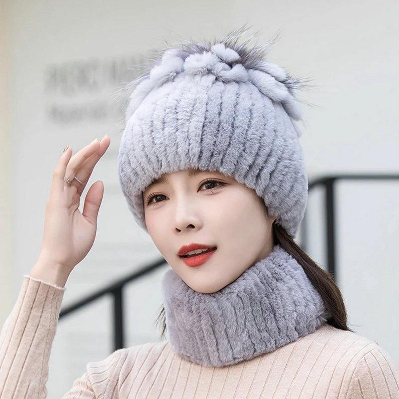 New Rex Rabbit Hair Knitted Hat Women's Autumn and Winter Thickened Ear Protection Warm Elastic Knitted Fur Hat Scarf