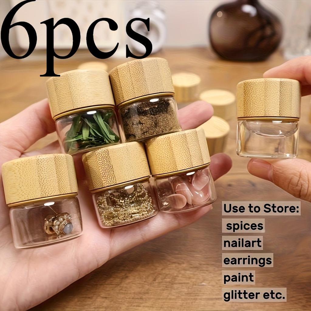 6 Pack Mini Sealing Glass Jars with Elegant Wood Grain Lids -Perfect for Travel,Camping,Kitchen Storage and Organizing Spices,Nail Art,Earrings,Paints