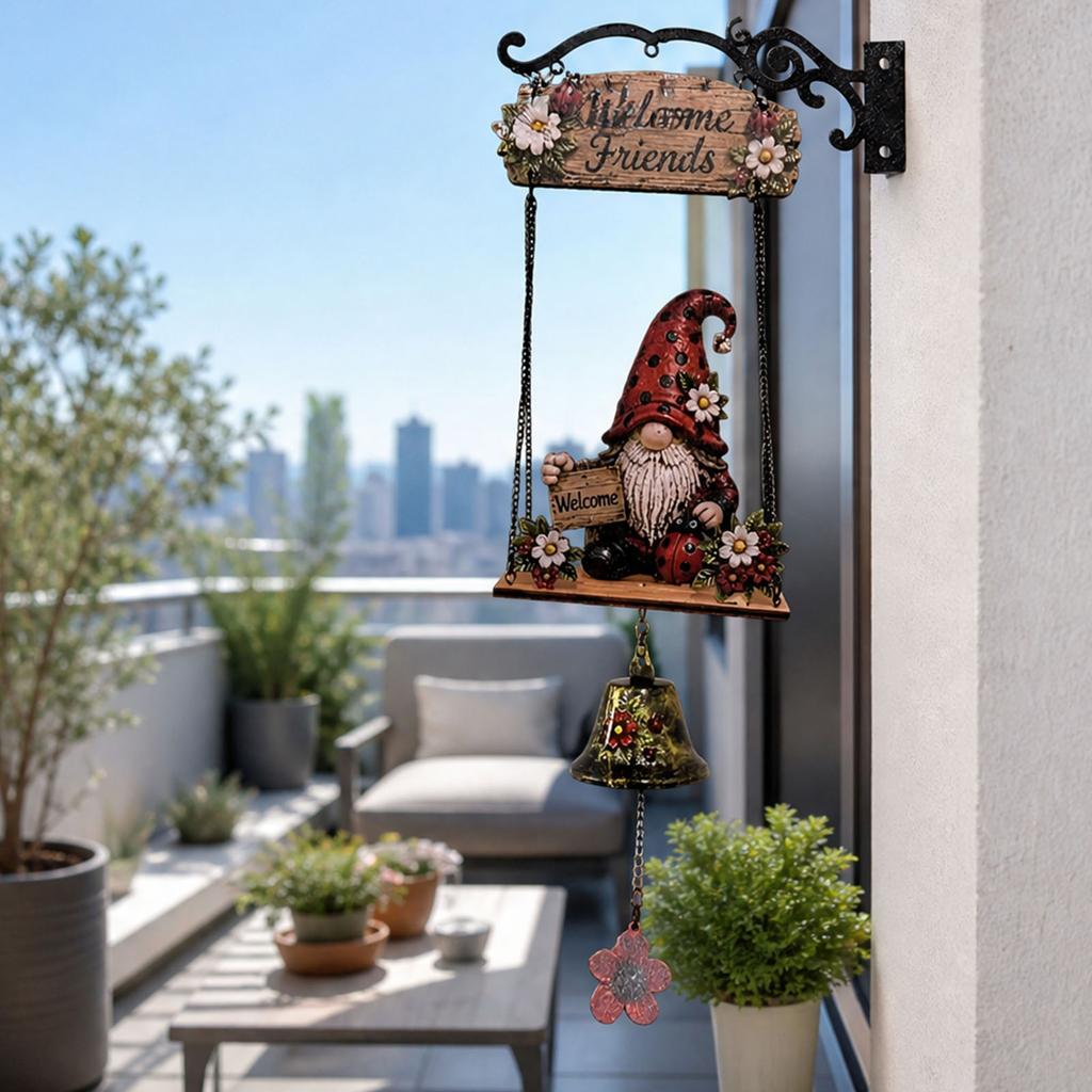 Retro Gnome Welcome Bell Ornament Multi-Purpose Rustic Hand Bell Figurines Crafts Welcome Doorbell Ornament for Entry Home Decor