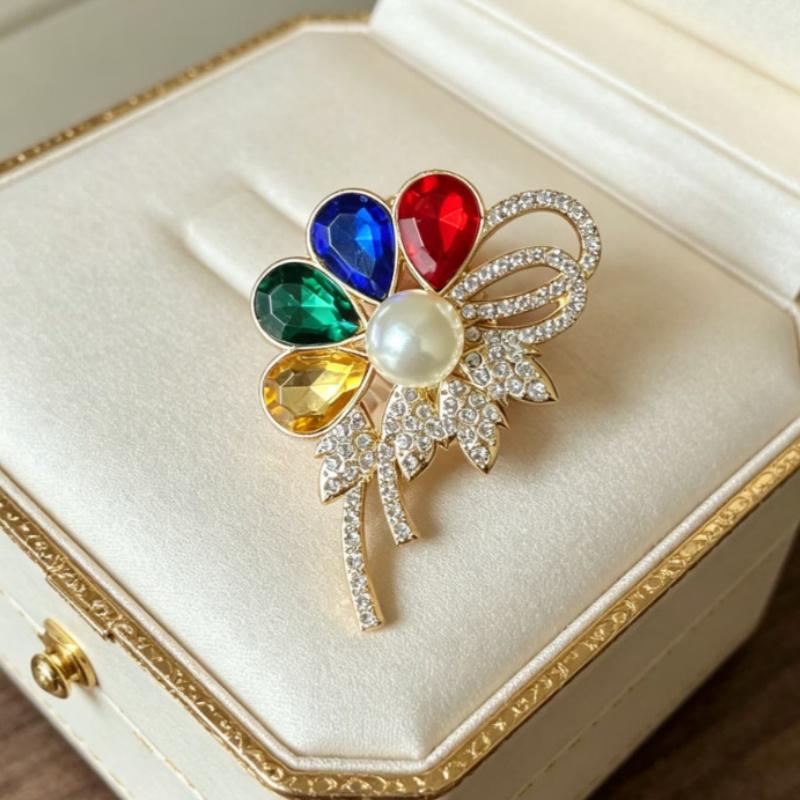 Women's Flower Brooch with Colorful Rhinestones and Elegant Plant Design for Parties