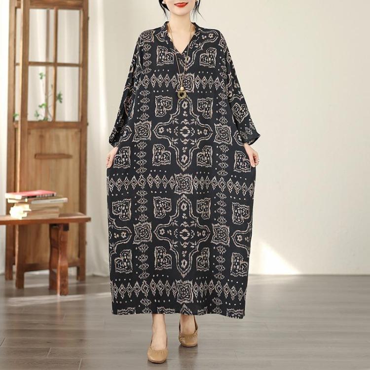 Vintage Floral Maxi Dress Plus Size Women Long Sleeve Oversize Loose Basic Spring Summer  New