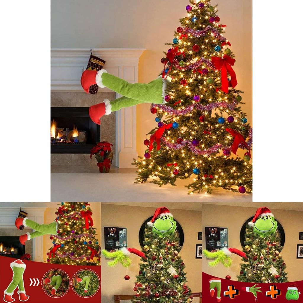 Charming Grinch Christmas Decorations Furry Green Leg And Head Tree Ornament Set