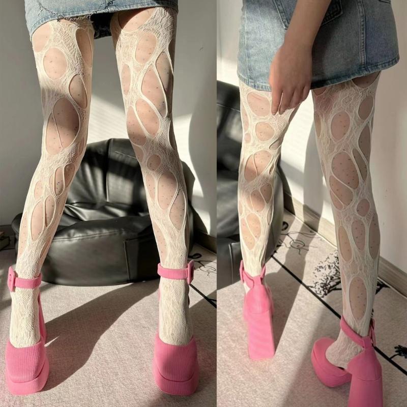 Women Goth Sexy See Through Fishnet Tights Stockings Hollowed Out Irregular Distressed Hole Sheer Mesh Pantyhose