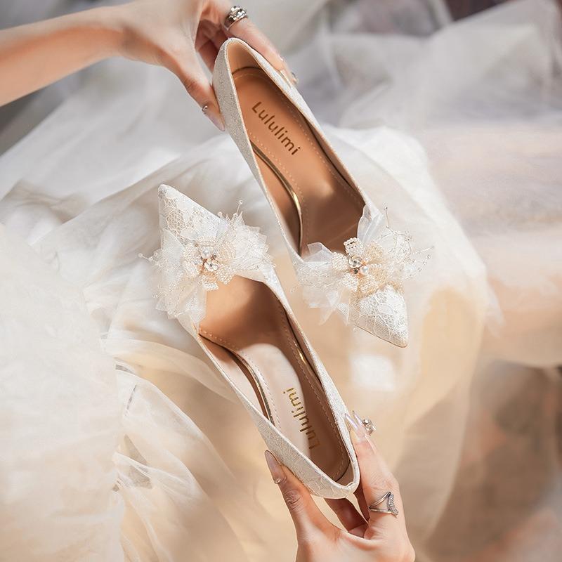 2024 Wedding Stilettos With Flowers White Temperament Stilettos With Party Gentle Wind Princess Women'S Shoes