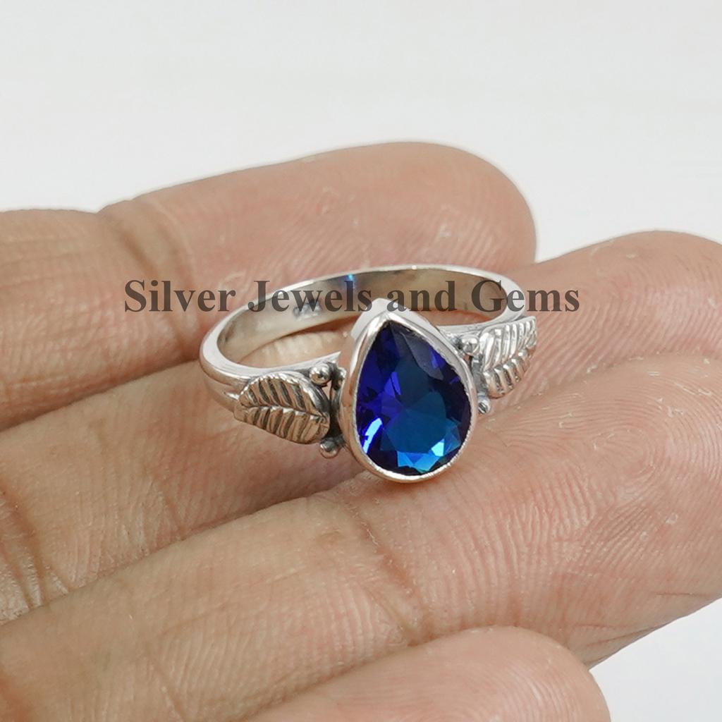 Teardrop Blue Quartz Ring: Sterling Silver Leaf Design Ring