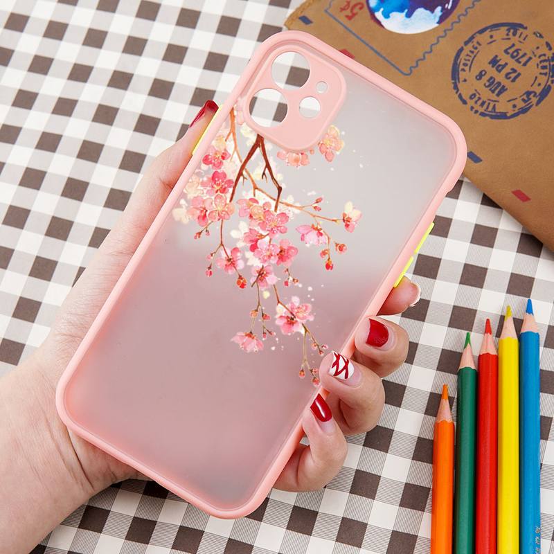 Pink Sakura Flower Cartoon Phone Case Matte Transparent  For Iphone 7 8 11 12 13 Plus Mini X Xs Xr Pro Max Cover