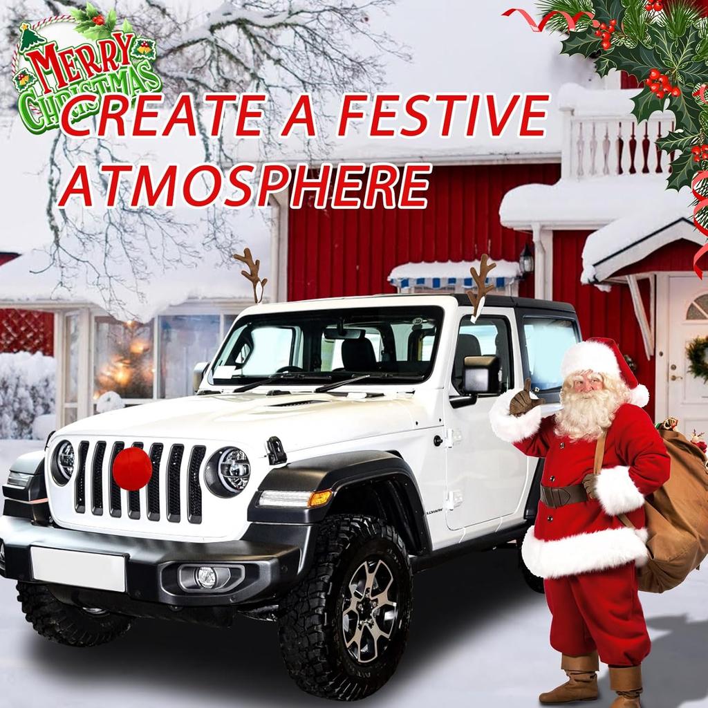 Car Reindeer Antlers & Nose Decorations - Cute Rudolph Reindeer Auto Holiday Accessories With Ears - Christmas Roof Top Decorations For SUV Van Truck