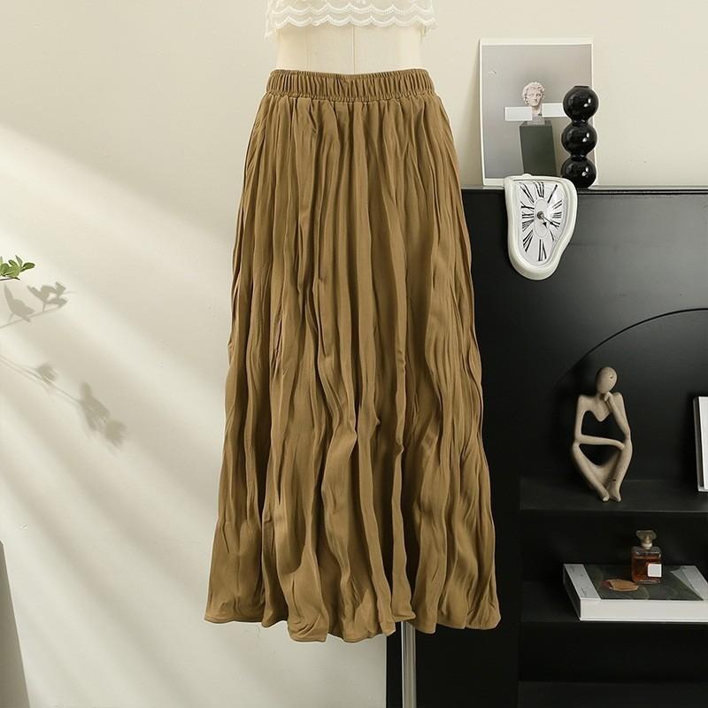 

Qooth Pleated A Line Skirt Flared Swing Midi Skirt with Elastic Waist Vintage Retro Style QT2746 One Size хаки