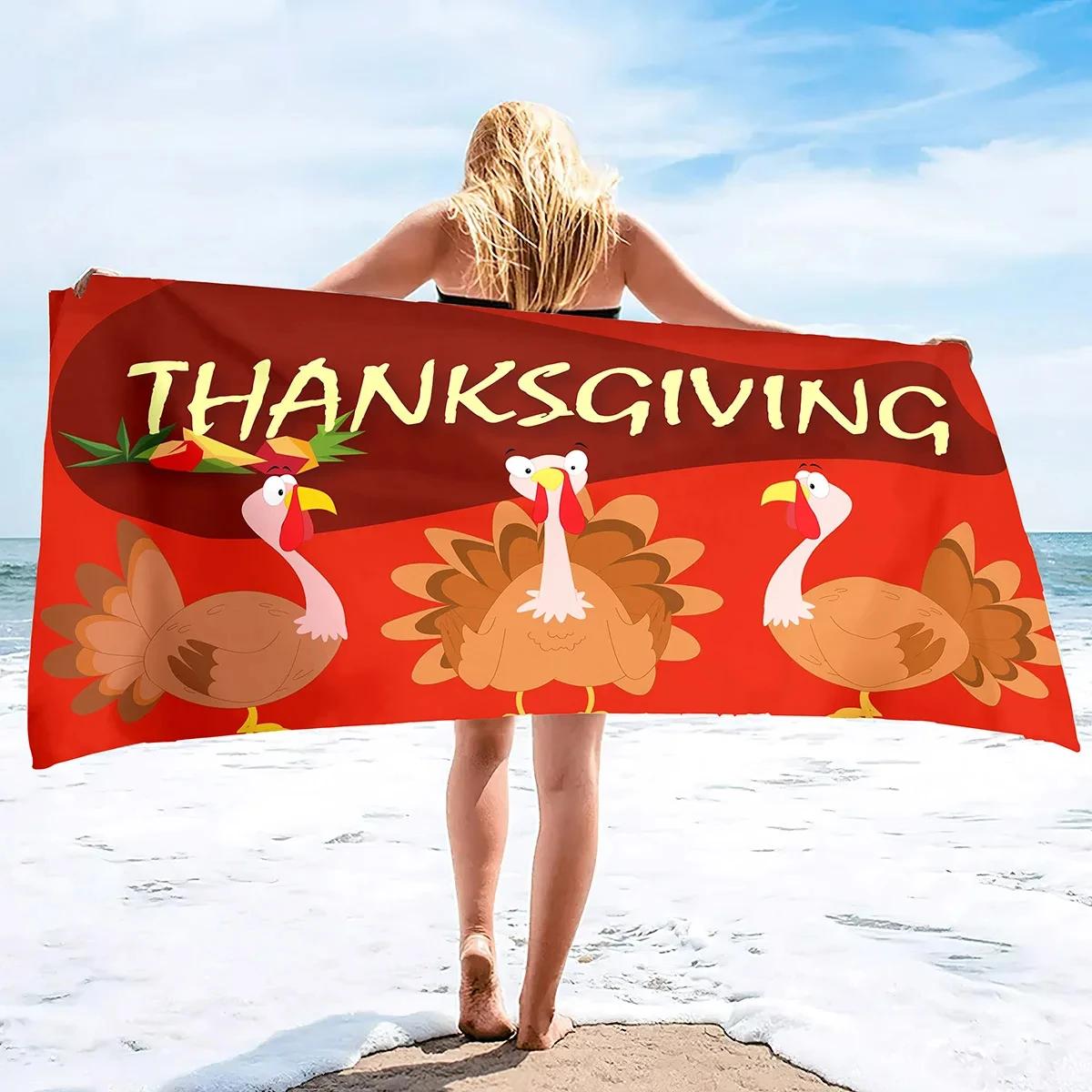 

Happy Thanksgiving Day Bath Towel Turkey Leaves Print Beach Towel Microfiber Sandproof Quick Dry Pool Towels for Festival Gifts W40*H60(CM)