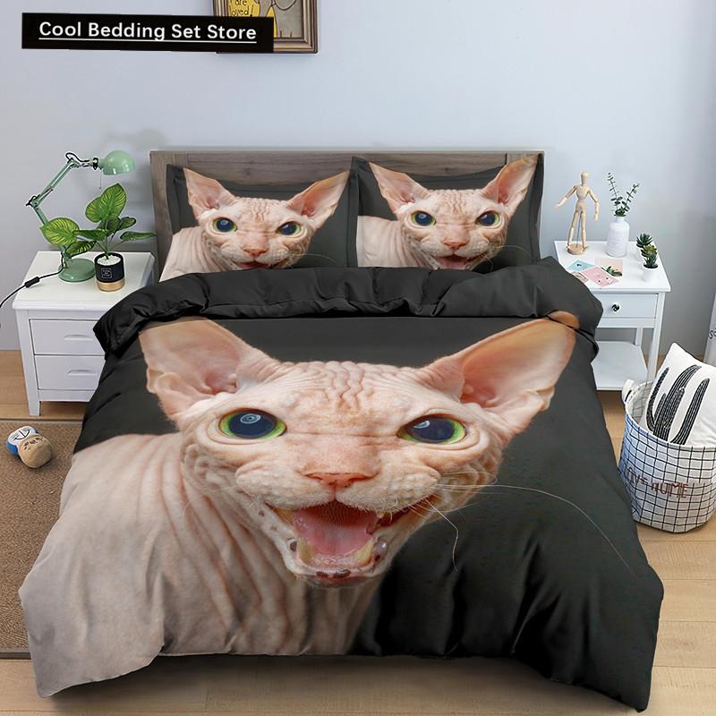 Sphynx Cat King Queen Duvet Cover Lovely Pet Kitty Bedding Set for Kids Teens Adults Animal Grey 2/3pcs Polyester Quilt Cover