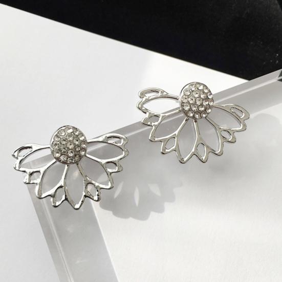 Women Hollow Out Lotus Shaped Rhinestone Inlaid Ear Jacket Earrings Jewelry Gift