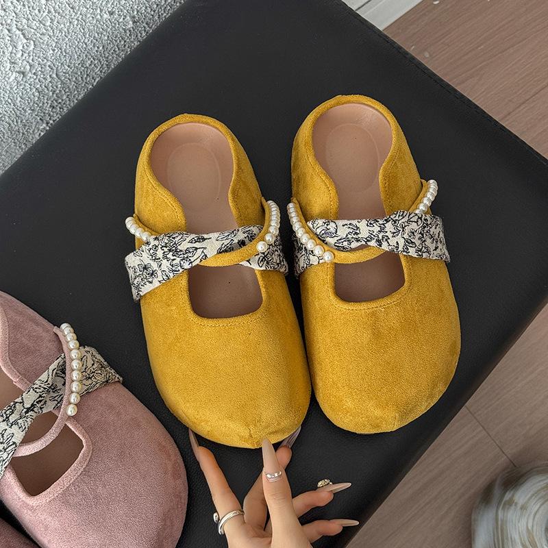 Retro Versatile Round Head One-pedal Mary Jane Shoes Spring and Summer New Pearl Casual Flat-bottomed Bag Head Slippers