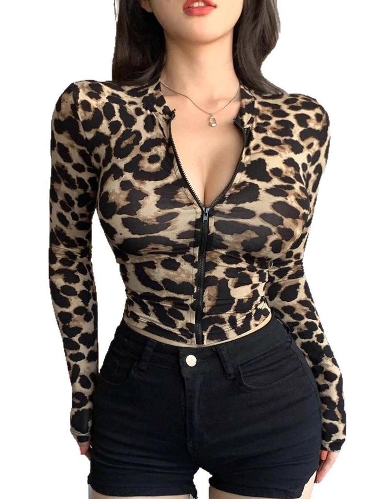 2025 Autumn Women's Leopard Print Zipper Cardigan