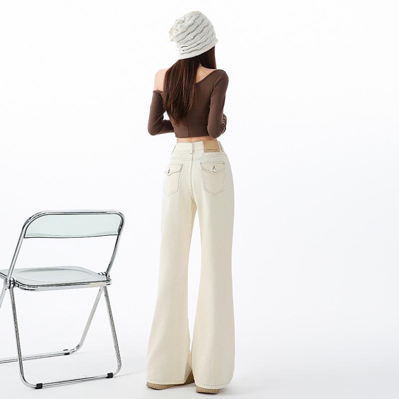 Women s Off-White Fleece-Lined Micro-Flare Jeans, Winter-Ready, High-Waisted, Slimming, Floor-Length, Flap Design XL