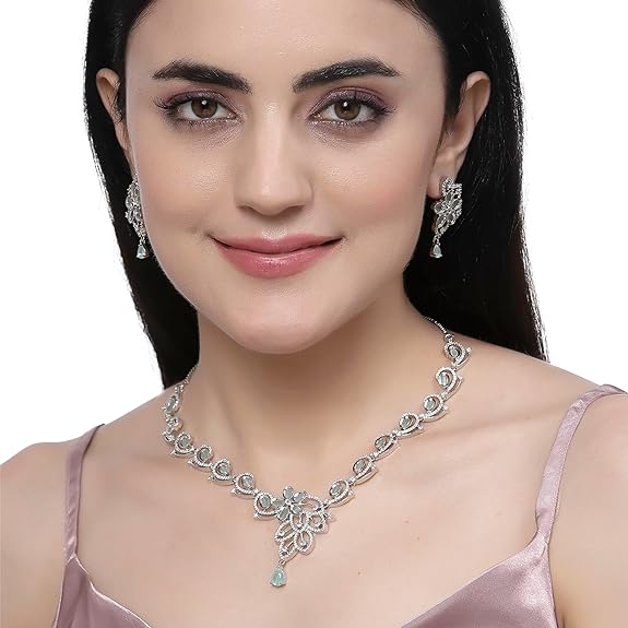 Rhodium-Plated American Diamond Studded Floral & Paisley Shaped Necklace With Earrings Jewellery Set For Girls and Women